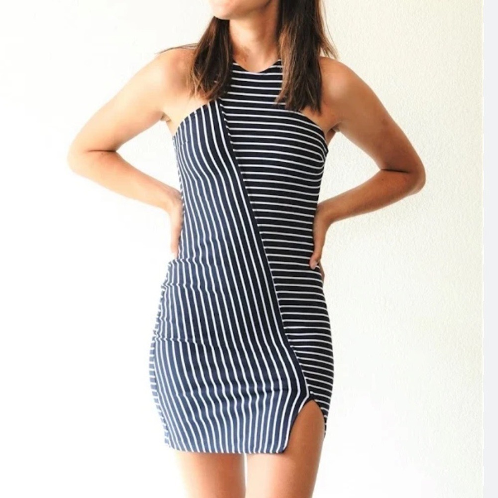 ZARA Trafaluc Women's Large Black White Striped Halter Bodycon Midi Dress